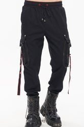 Pantalon long pour homme avec poches multiples en toile noire punk et cordon décoratif